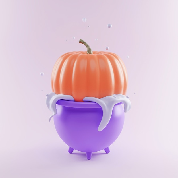 La zucca arancione è cotta in un calderone viola nell'acqua, concetto per la vacanza Helloween, illustrazione 3D, render