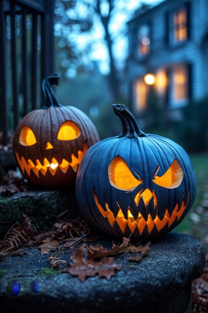 La zucca della notte di Halloween in natura con gli occhi ardenti atmosfera buia