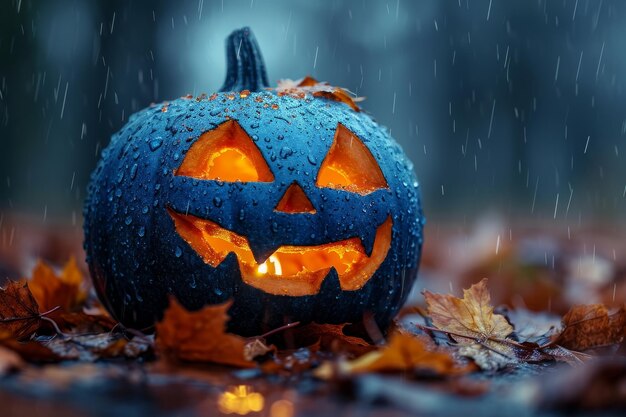 La zucca della notte di Halloween in natura con gli occhi ardenti atmosfera buia