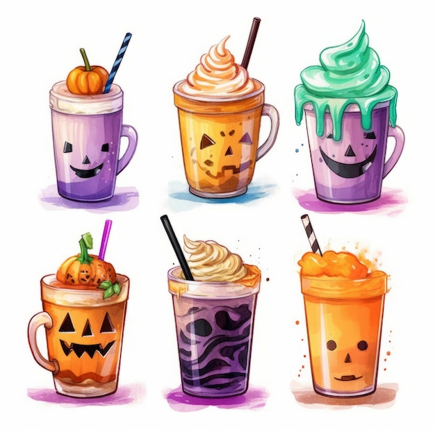 La zucca di Halloween beve Set di illustrazioni vettoriali su sfondo bianco