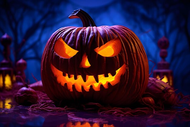 La zucca di Halloween con la luce al neon che getta un bagliore surreale sulla sua faccia sorridente scolpita
