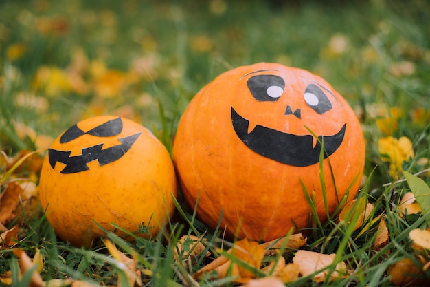 La zucca di Halloween di Jackie è sdraiata sull'erba Un articolo su Halloween Una zucca arancione con una faccia Halloween