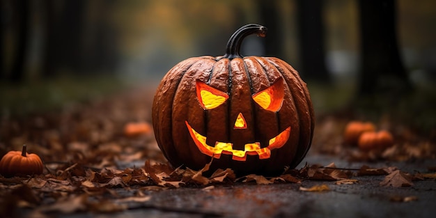 La zucca di Halloween nel parco è un accento vibrante nel paesaggio autunnale creando un'atmosfera di una misteriosa celebrazione AI Generative AI