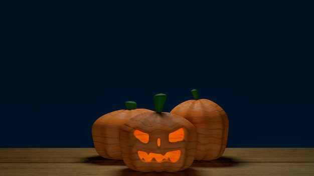 La zucca di Halloween sul tavolo di legno per il rendering 3d di concetto di vacanza