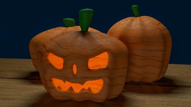 La zucca di Halloween sul tavolo di legno per il rendering 3d di concetto di vacanza