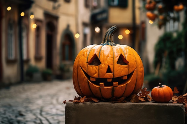 La zucca di Halloween sullo sfondo della vecchia città