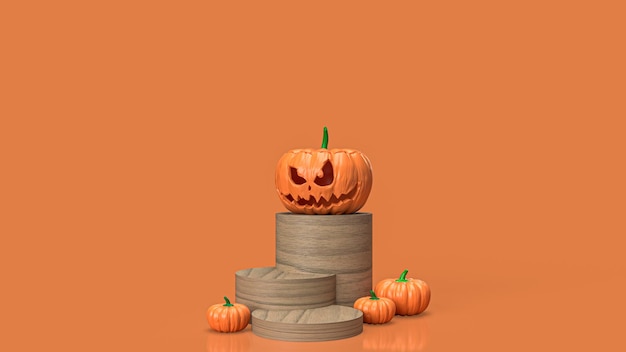 La zucca jack o lantern sulla colonna di legno per il contenuto di halloween 3d renderingxA