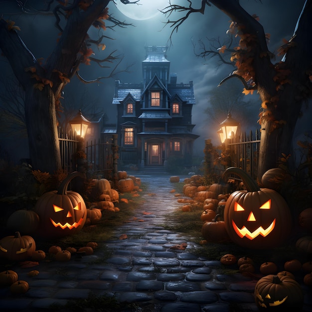 La zucca luminosa in una notte spaventosa evoca il pericolo di questo Halloween