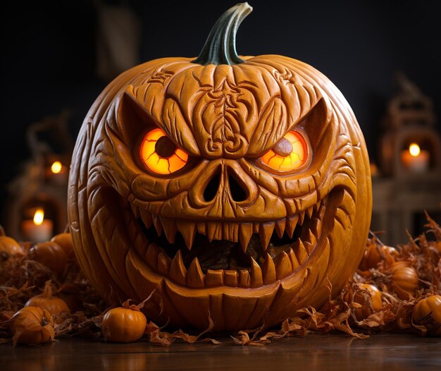 La zucca scolpita nella forma della faccia di un mostro il giorno di Halloween