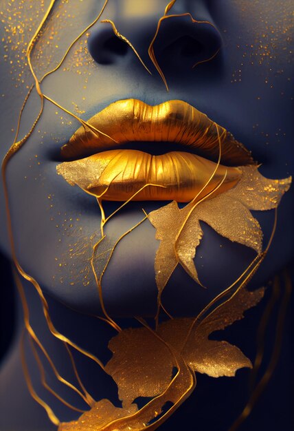 Labbra d'oro con foglie su di loro