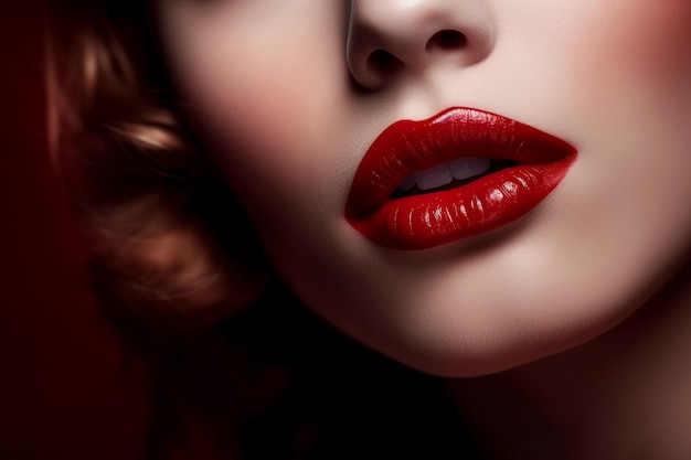 Labbra donna con rossetto rosso con primo piano bocca femminile aperta Concetto di bellezza Illustrazione di intelligenza artificiale generativa