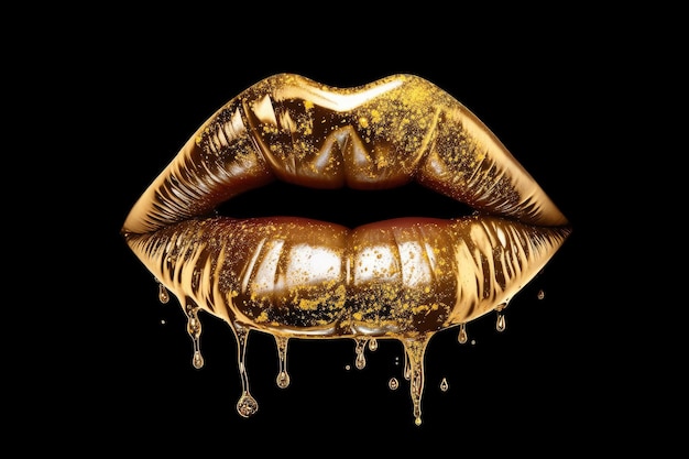 Labbra dorate con schizzi dorati su sfondo nero IA generativa