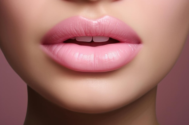 Labbra femminili rosate e grasse labbra realistiche con denti bianchi close-up Copia lo spazio per il testo