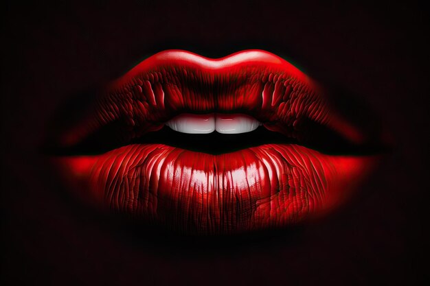 Labbra femminili rosse naturali su sfondo nero creato con intelligenza artificiale generativa