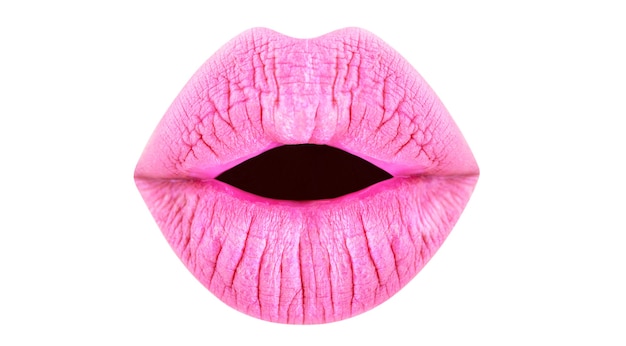 Labbra rosa, labbra di consistenza. Chiuda in su delle labbra naturali sexy con rossetto. Trucco prodotto cosmetico lucidalabbra, macro, isolato, moda. Cura delle labbra e bellezza, consistenza. Rossetto rosa brillante, bocca sensuale.