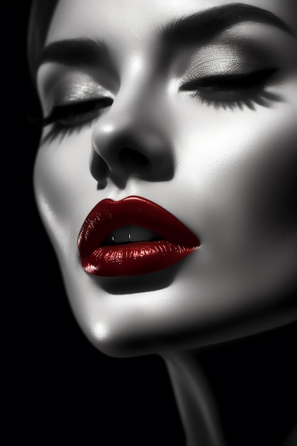Labbra rosse affascinanti della giovane donna in studio girato con sfondo nero lucido