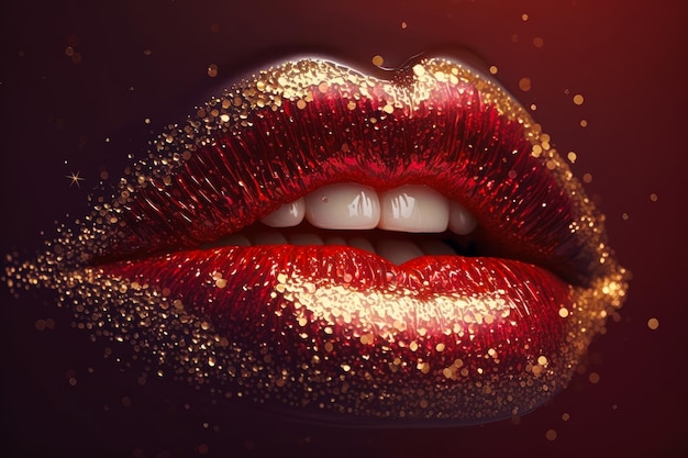 Labbra rosse con glitter oro su sfondo scuro IA generativa