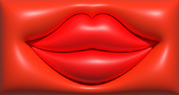 Labbra rosse convesse brillanti su un'illustrazione del rendering 3D con sfondo rosso