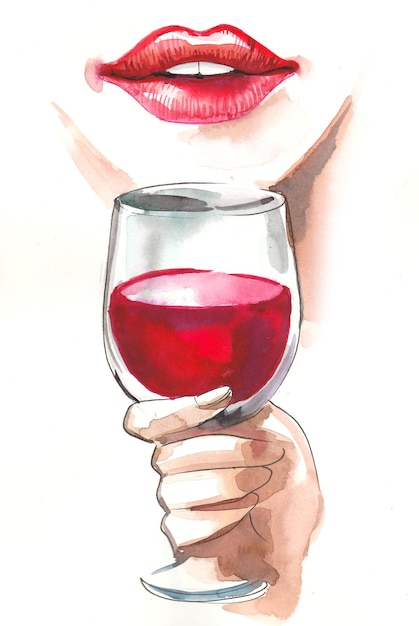 Labbra rosse e bicchiere di vino. Disegno a china e acquerello