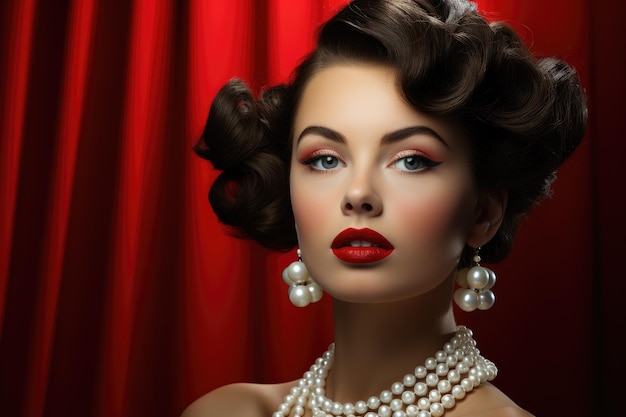 Labbra rosse e perle glamour vintage