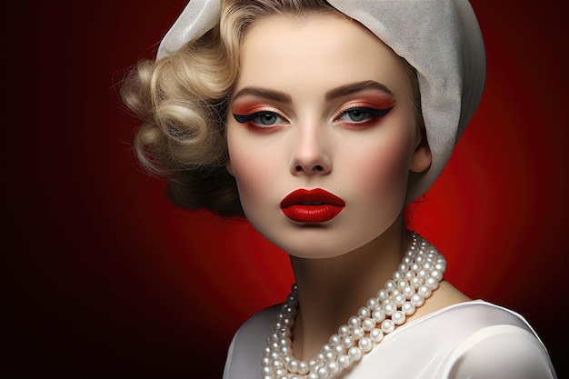 Labbra rosse e perle glamour vintage