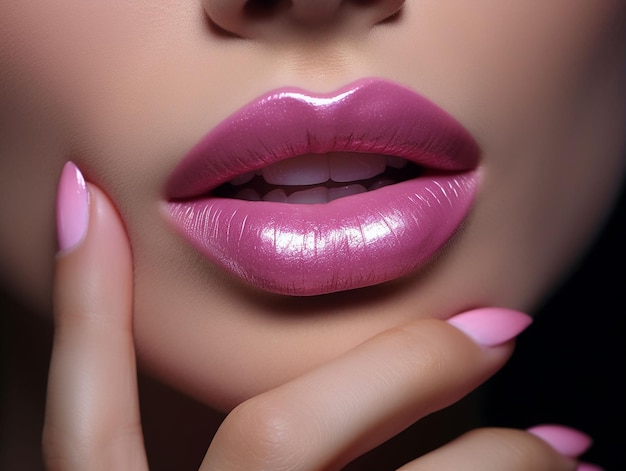 Labbra sexy da vicino bellissimo trucco perfetto corrispondenza colore del rossetto e manicure generato ai
