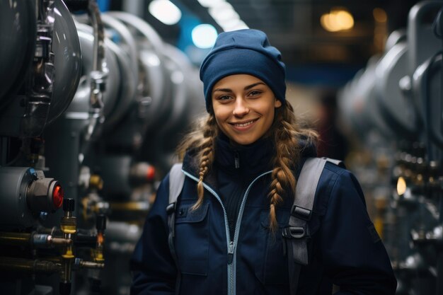 Labor Day Donna ingegnere lavoratrice in un impianto di riscaldamento di fabbrica con aria condizionata