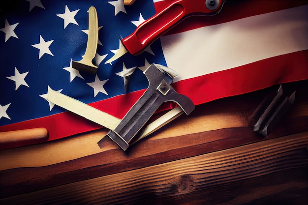 Labor Day USA Bandiera americana con molti strumenti utili su sfondo di legno Ai generativo