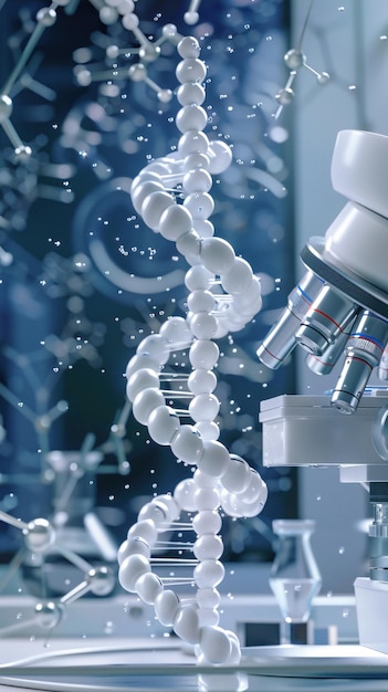 Laboratorio ad alta tecnologia con struttura a elica di DNA e microscopio moderno
