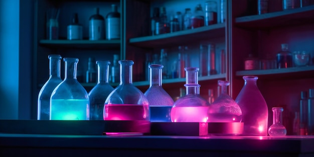 Laboratorio chimico con matracci in due colori viola e rosa