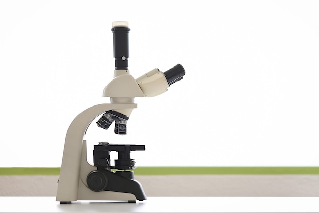 Laboratorio con microscopio isolato su sfondo bianco