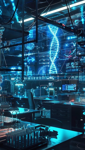 Laboratorio di biotecnologia futuristica con scienziati che sintetizzano DNA artificiale per la ricerca genetica
