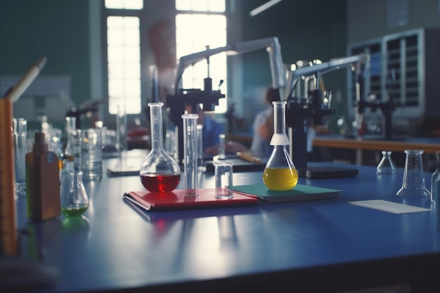 Laboratorio di chimica del liceo illuminato con studenti che conducono esperimenti