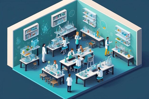 Laboratorio di chimica e classe scolastica scena di istruzione scientifica con studenti di persone in miniatura