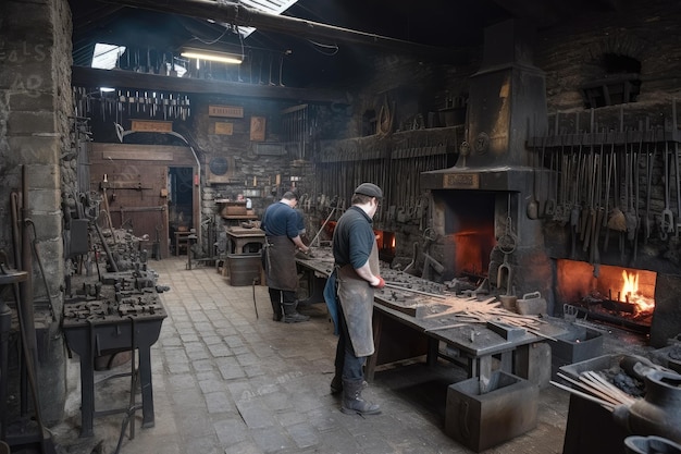 Laboratorio di fonderia con fabbri e apprendisti che lavorano in metallo