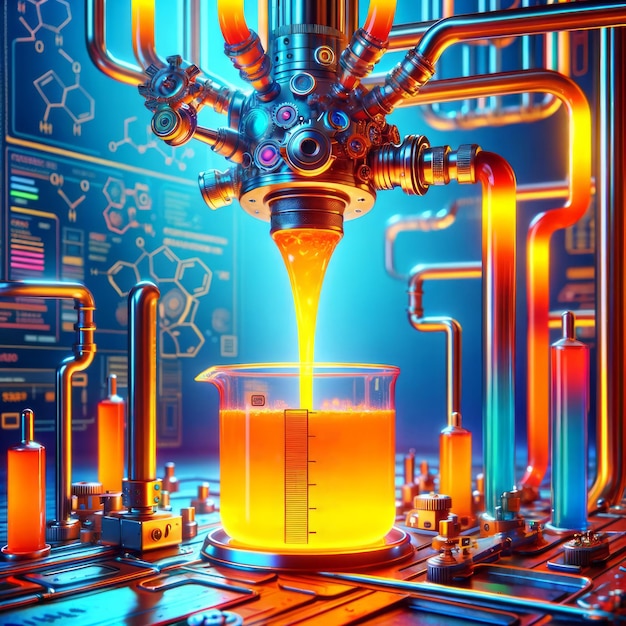 Laboratorio futuristico con una macchina complessa che versa il succo d'arancia in un bicchiere