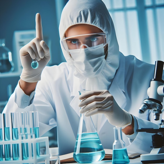 Laboratorio scena assistente di laboratorio conduce azioni sul liquido del fiasco indossando guanti veste bianca impiegando