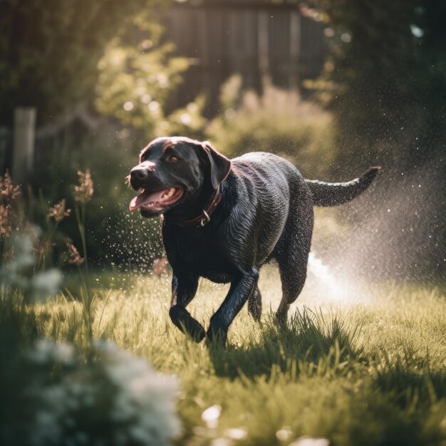 Labrador che corre attraverso l'irrigatore estivo