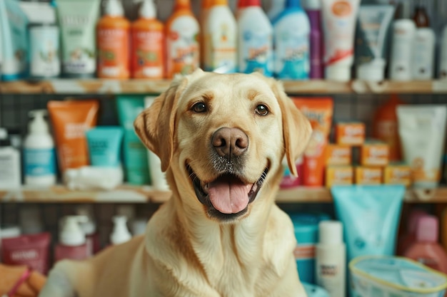 Labrador circondato da una varietà di prodotti per la cura degli animali domestici