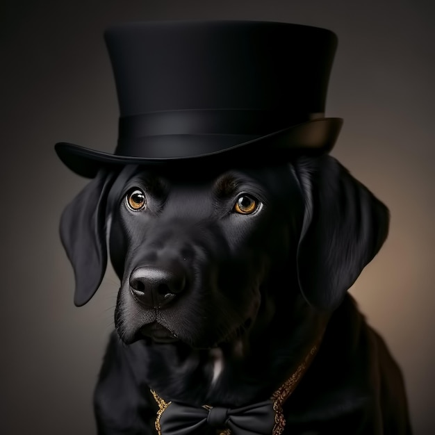 Labrador con cappello a cilindro nero, smoking nero e papillon AI generativa