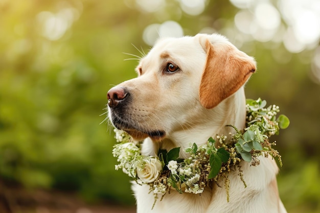 Labrador con ghirlanda a collo floreale