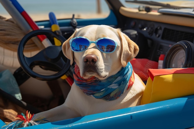 Labrador con occhiali da sole circondati da articoli da spiaggia carino e divertente concetto di vacanza