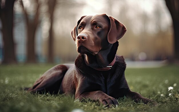 Labrador è seduto sull'erba nel parco professionale pubblicità post foto ai generato