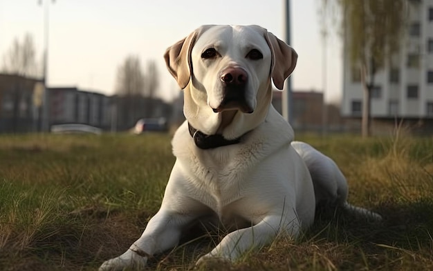 Labrador è seduto sull'erba nel parco professionale pubblicità post foto ai generato