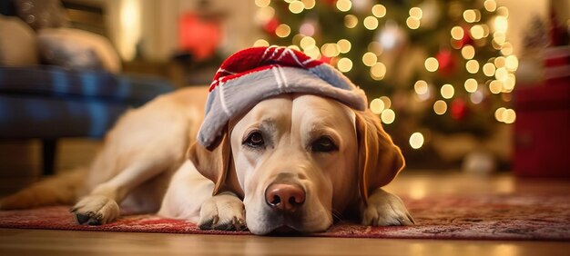 Labrador festoso vicino all'albero