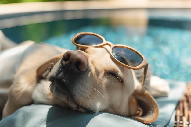 Labrador giallo con gli occhiali da sole a riposo accanto alla piscina