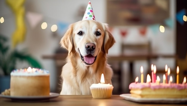 Labrador retriever cane con una torta di compleanno e un cappello da festa Simpatico animale domestico che festeggia il suo compleanno