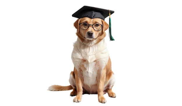 Labrador Retriever con cappello di laurea e occhiali isolati su sfondo bianco
