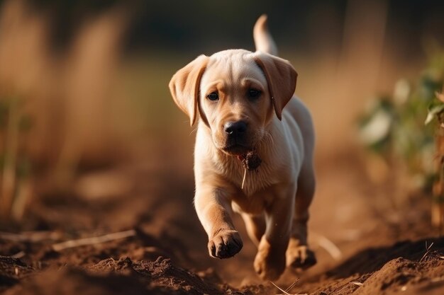 Labrador retriever cucciolo in esecuzione nel campo e guardando la fotocamera Ai generato