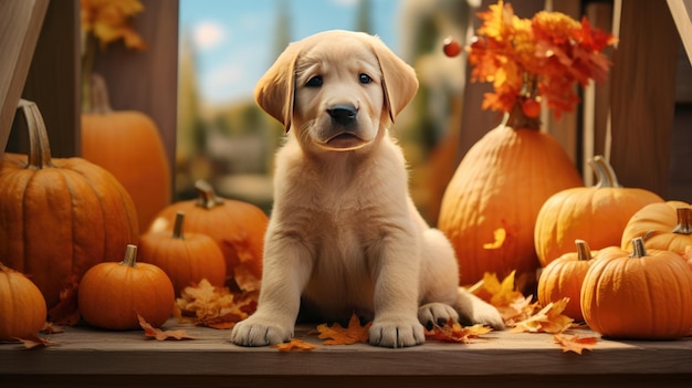 Labrador retriever cucciolo sul portico con zucche durante la stagione del raccolto autunnale Generative Ai